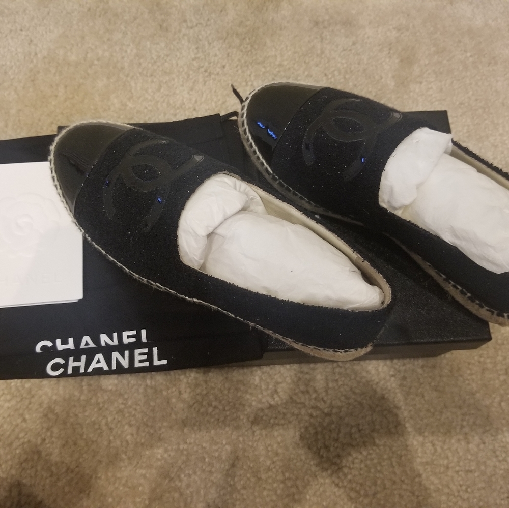 Chanel Tweed Patent calfskin black espadrilles size 36/6